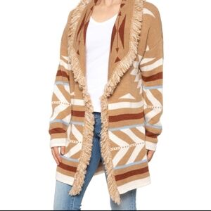 Aztec Fringed Cardigan Sweater Wool Tan Multi Made in Italy NWT LG